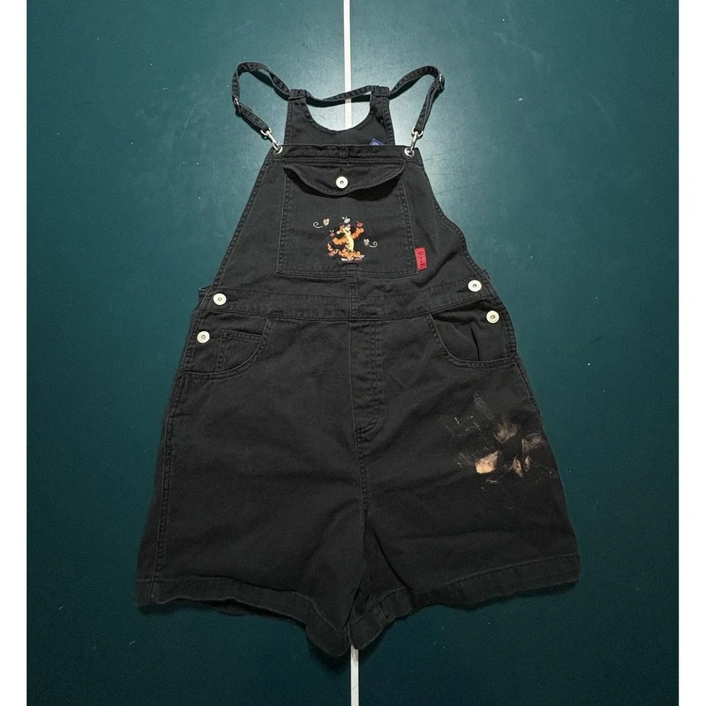 Vintage Disney Tigger Shortalls Overalls Youth Large Denim Bib Black Embroidered